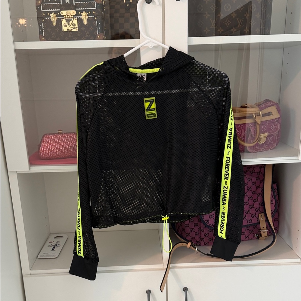 Zumba Fitness Black Mesh Top with Neon Yellow Logo Patch never worn!